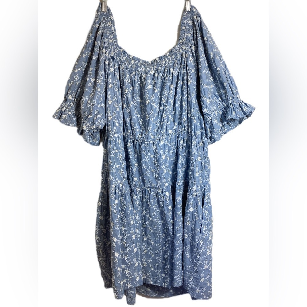 Old Navy Puff-Sleeve Tiered Mini Swing Dress Size 3X Milkmaid Peasant Boho Blue - Picture 2 of 10